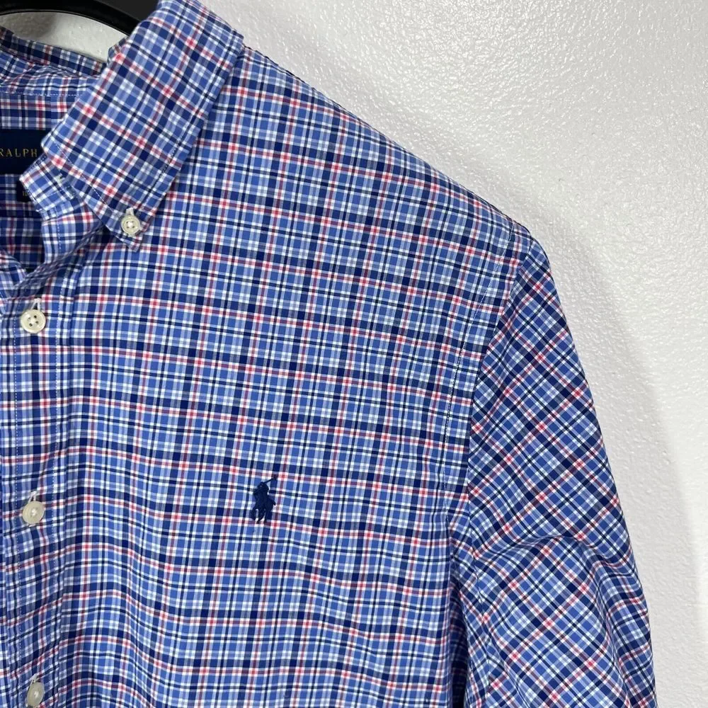 Ralph Lauren Slim Fit Shirt Mens XL Cotton Stretch Blue Red Check Plaid ‎ Pony
